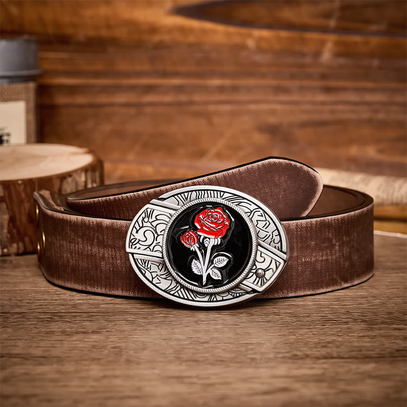 Romantischer Ledergürtel mit roter Rose, DIY-Versteckte Klappmesserschnalle - Rote Rose - Brauner, abgenutzter Gürtel - 42 - image 5