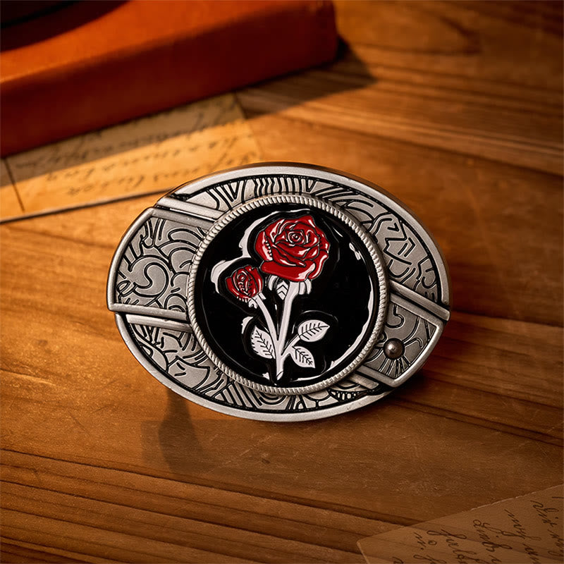 Romantischer Ledergürtel mit roter Rose, DIY-Versteckte Klappmesserschnalle - Rote Rose - Ohne Gürtel - Nicht im Lieferumfang enthalten: Gürtel - image 0
