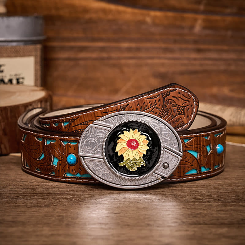 Sonnenblumen-DIY-Verstecktes Klappmesser-Schnalle Ledergürtel - Sonnenblume - Türkisfarbener, geschnitzter Gürtel - 42 - image 3