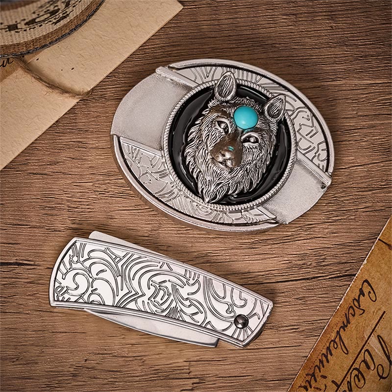 Türkisfarbener Wolf DIY Verstecktes Klappmesser Schnalle Ledergürtel - image 9