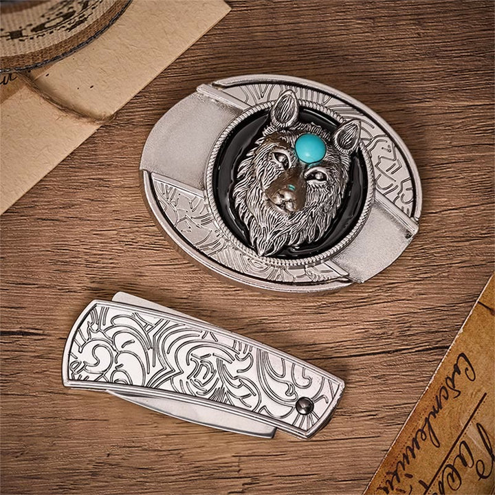 Türkisfarbener Wolf DIY Verstecktes Klappmesser Schnalle Ledergürtel - image 9