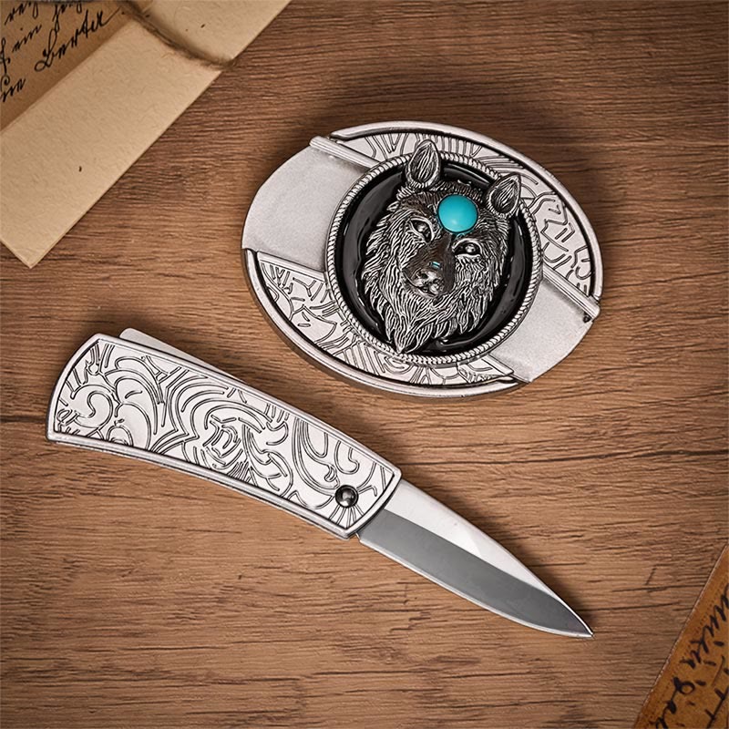 Türkisfarbener Wolf DIY Verstecktes Klappmesser Schnalle Ledergürtel - image 1