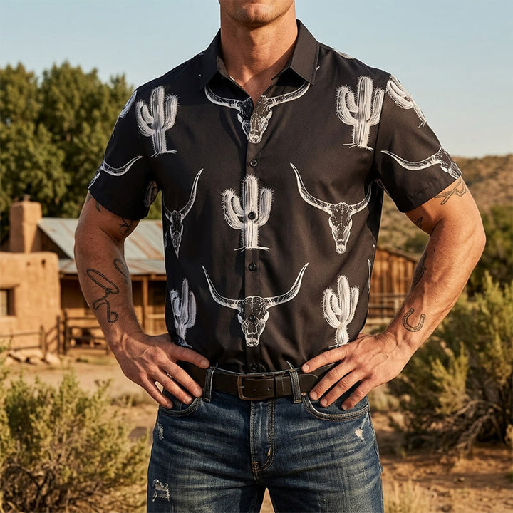 Hemd mit auffälligem Western-Motiv: Grafik mit Kaktus und Longhorn - Schwarz - 5XL - image 0