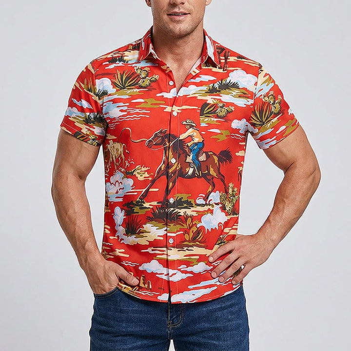 Rotes Wildwest-Wüsten-Cowboy- und Kaktus-Kunstdruck-Shirt - image 1