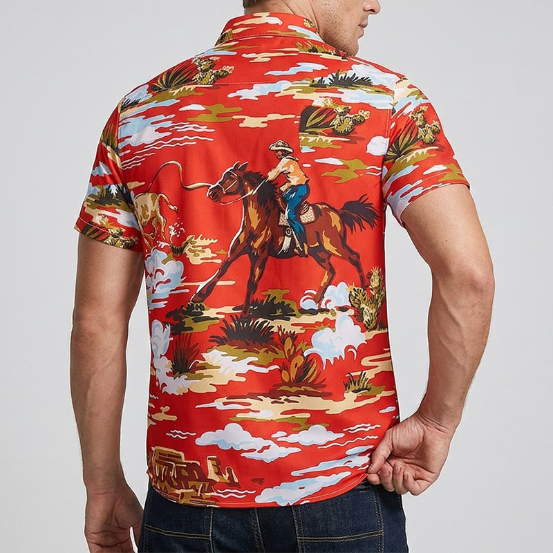 Rotes Wildwest-Wüsten-Cowboy- und Kaktus-Kunstdruck-Shirt - image 2