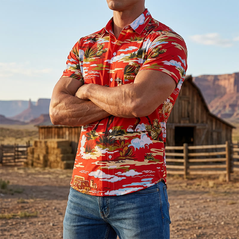 Rotes Wildwest-Wüsten-Cowboy- und Kaktus-Kunstdruck-Shirt - Rot - 6XL - image 0