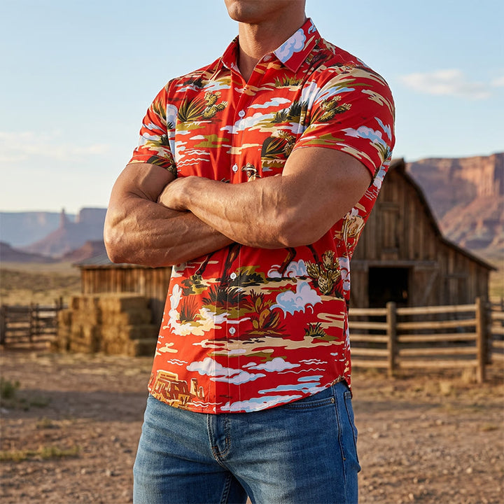 Rotes Wildwest-Wüsten-Cowboy- und Kaktus-Kunstdruck-Shirt - Rot - 6XL - image 0