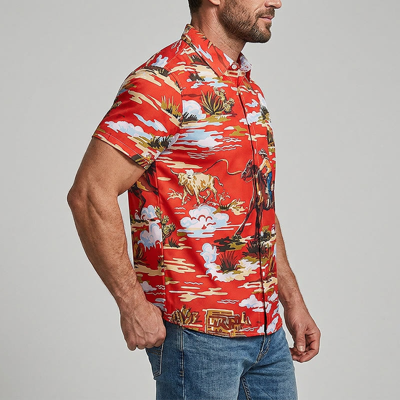Rotes Wildwest-Wüsten-Cowboy- und Kaktus-Kunstdruck-Shirt - image 3