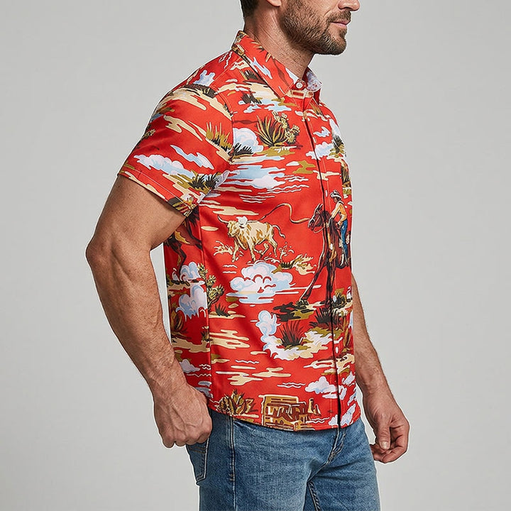 Rotes Wildwest-Wüsten-Cowboy- und Kaktus-Kunstdruck-Shirt - image 3