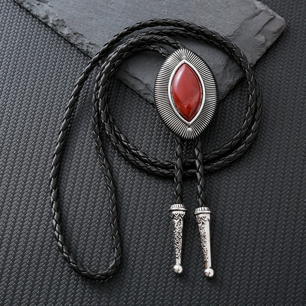 Vintage-Antik-Bolo-Krawatte mit gedrehtem Rand, ovalem Katzenaugenstein und Katzenaugenmuster - Roter Jaspis - image 1