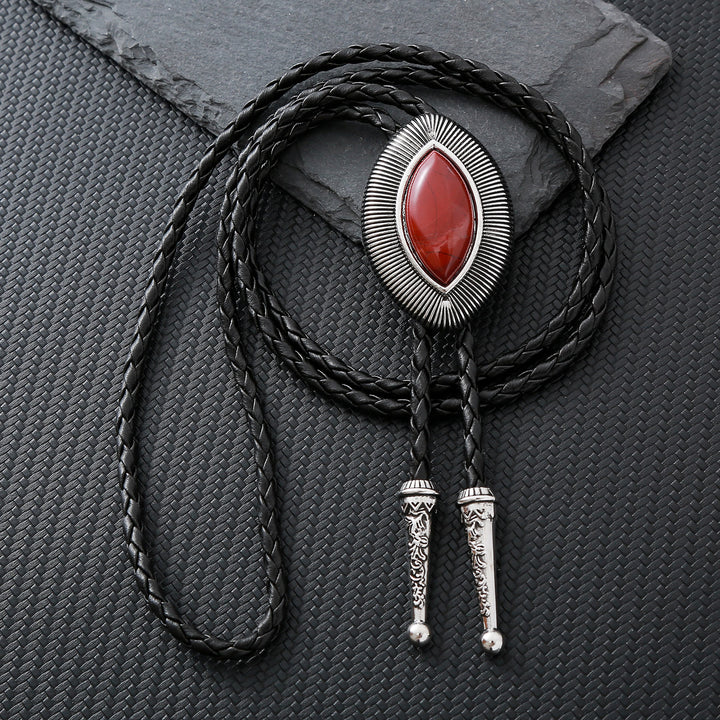 Vintage-Antik-Bolo-Krawatte mit gedrehtem Rand, ovalem Katzenaugenstein und Katzenaugenmuster - Roter Jaspis - image 1