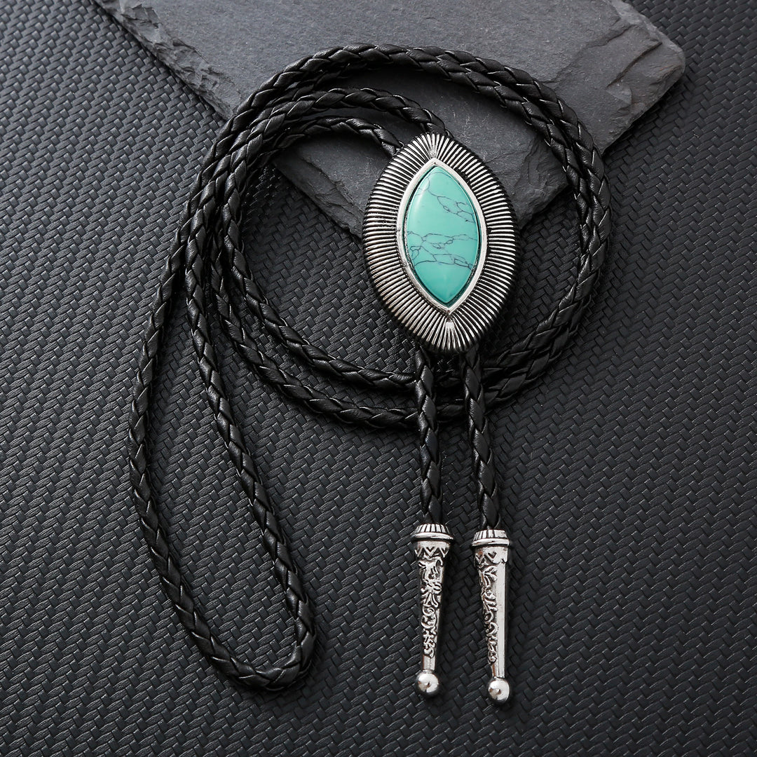 Vintage-Antik-Bolo-Krawatte mit gedrehtem Rand, ovalem Katzenaugenstein und Katzenaugenmuster - Türkis - image 3