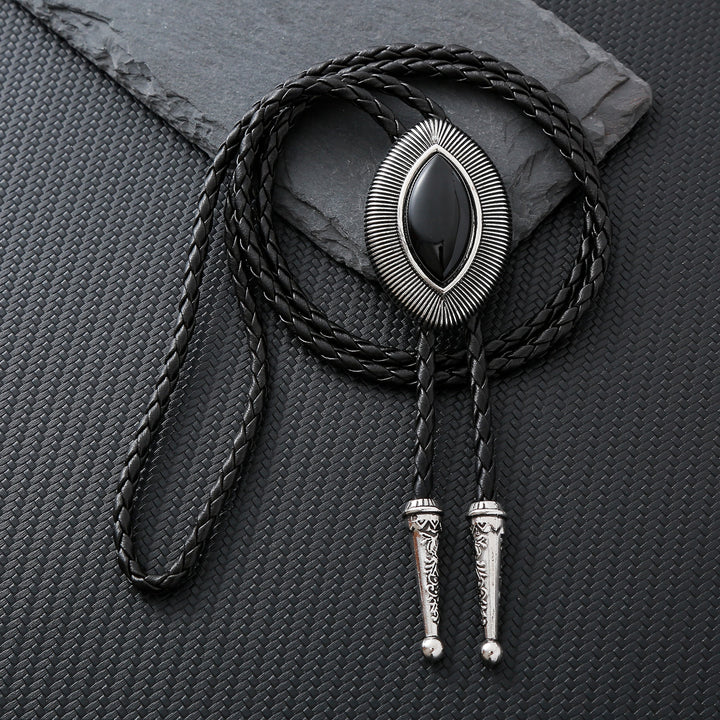 Vintage-Antik-Bolo-Krawatte mit gedrehtem Rand, ovalem Katzenaugenstein und Katzenaugenmuster - Schwarzer Onyx - image 9