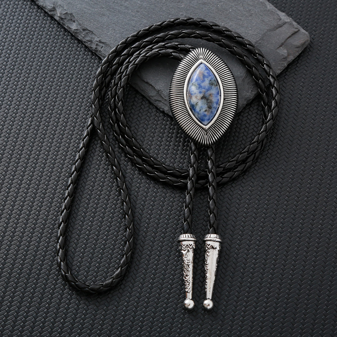 Vintage-Antik-Bolo-Krawatte mit gedrehtem Rand, ovalem Katzenaugenstein und Katzenaugenmuster - Blauer Sodalith - image 6