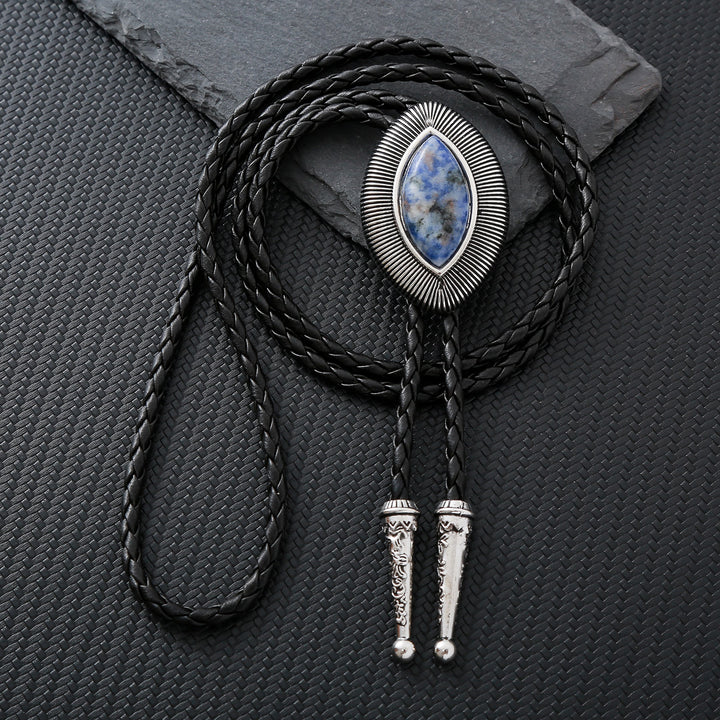 Vintage-Antik-Bolo-Krawatte mit gedrehtem Rand, ovalem Katzenaugenstein und Katzenaugenmuster - Blauer Sodalith - image 6