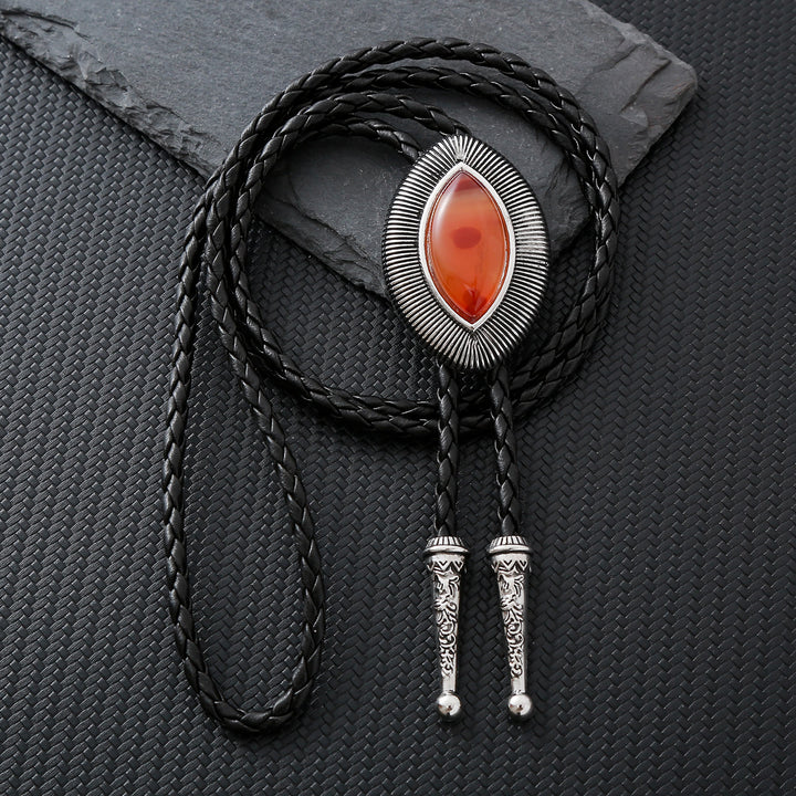 Vintage-Antik-Bolo-Krawatte mit gedrehtem Rand, ovalem Katzenaugenstein und Katzenaugenmuster - Roter Achat - image 7