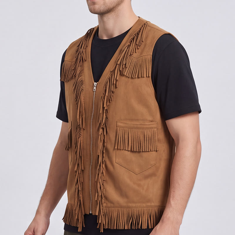 Herrenweste im Western-Hippie-Stil aus Wildleder mit Fransen - image 3