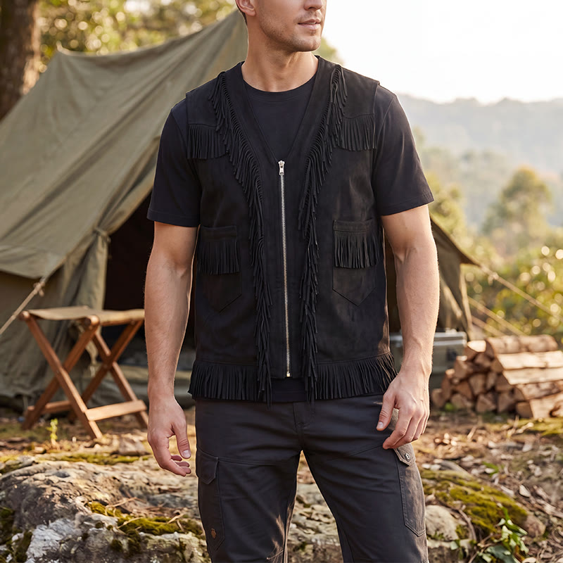 Herrenweste im Western-Hippie-Stil aus Wildleder mit Fransen - Schwarz - 2XL - image 4