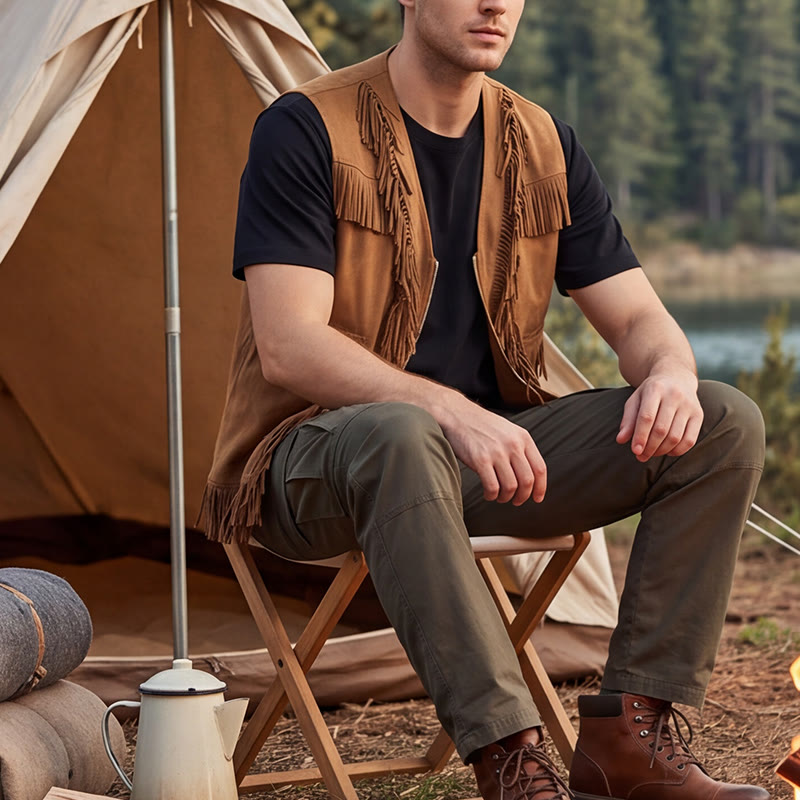 Herrenweste im Western-Hippie-Stil aus Wildleder mit Fransen - Braun - 2XL - image 0