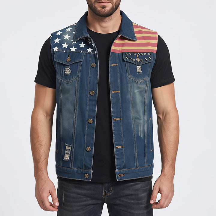 Herren-Jeansweste im koreanischen Stil mit amerikanischer Flagge, Used-Look, schmal geschnitten, schmal geschnitten - image 1