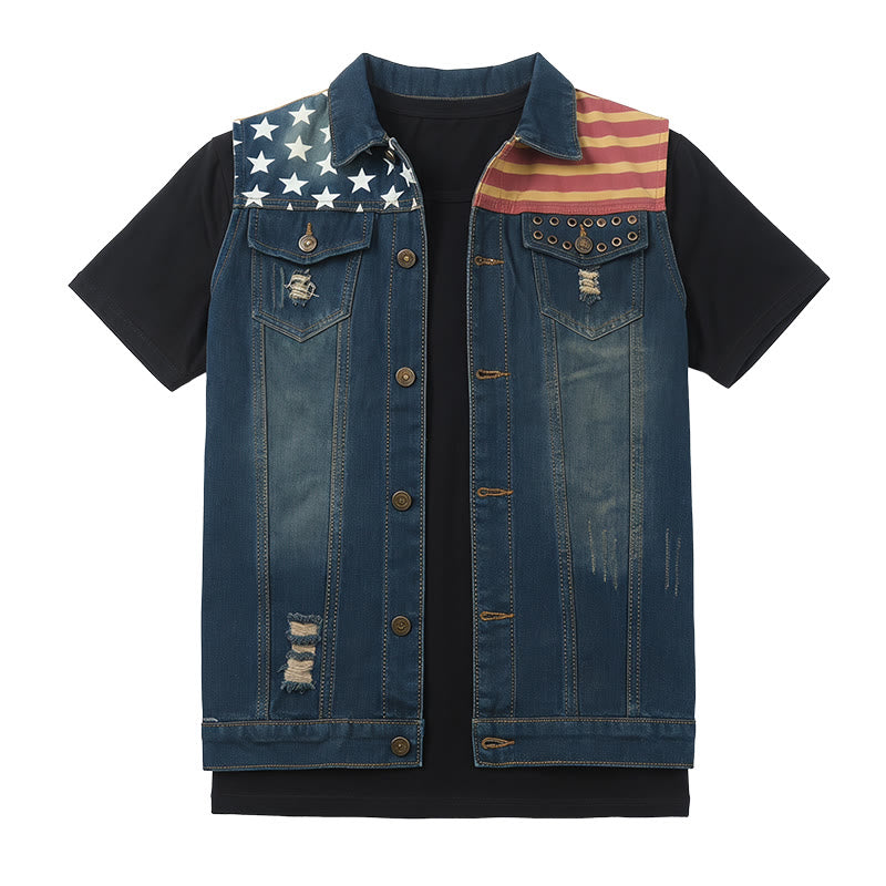 Herren-Jeansweste im koreanischen Stil mit amerikanischer Flagge, Used-Look, schmal geschnitten, schmal geschnitten - image 8