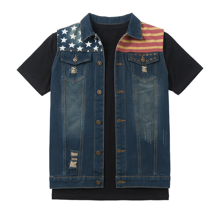 Herren-Jeansweste im koreanischen Stil mit amerikanischer Flagge, Used-Look, schmal geschnitten, schmal geschnitten - image 8