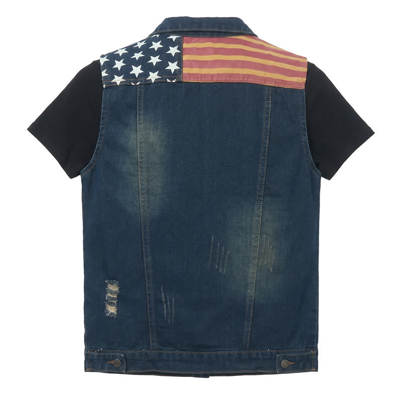 Herren-Jeansweste im koreanischen Stil mit amerikanischer Flagge, Used-Look, schmal geschnitten, schmal geschnitten - image 9