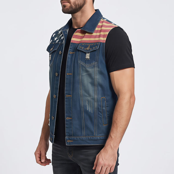 Herren-Jeansweste im koreanischen Stil mit amerikanischer Flagge, Used-Look, schmal geschnitten, schmal geschnitten - image 3