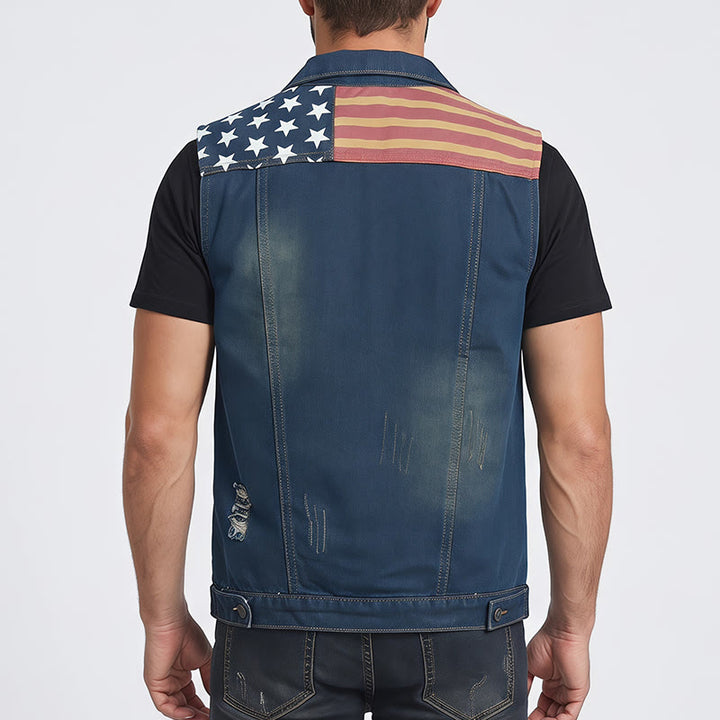 Herren-Jeansweste im koreanischen Stil mit amerikanischer Flagge, Used-Look, schmal geschnitten, schmal geschnitten - image 2
