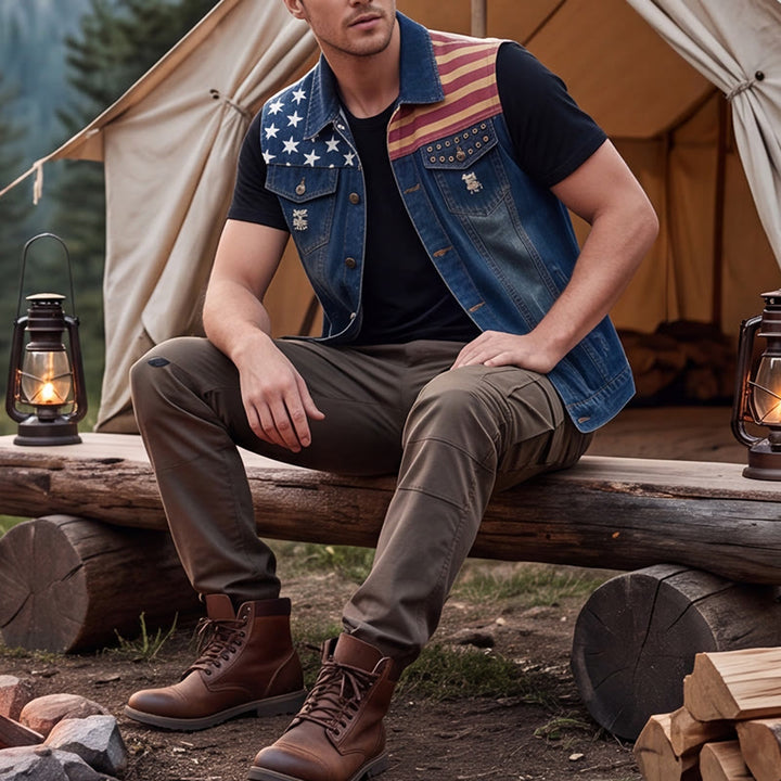 Herren-Jeansweste im koreanischen Stil mit amerikanischer Flagge, Used-Look, schmal geschnitten, schmal geschnitten - Blau - 6XL - image 0