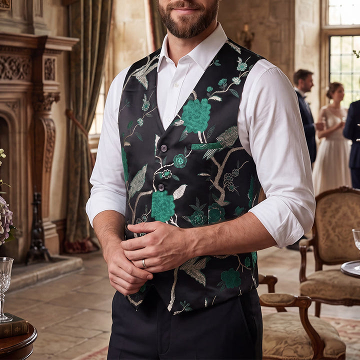 Herren-Anzugweste mit orientalischem Blumenjacquard-Muster, schmal geschnitten - Grün - 4XL - image 5