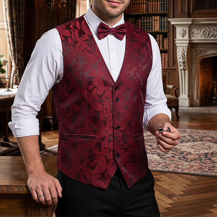 Zweiteiliger Herrenanzug mit glänzendem Paisley-Muster und Fliege, Weste mit Fliege - Wein - S - image 6