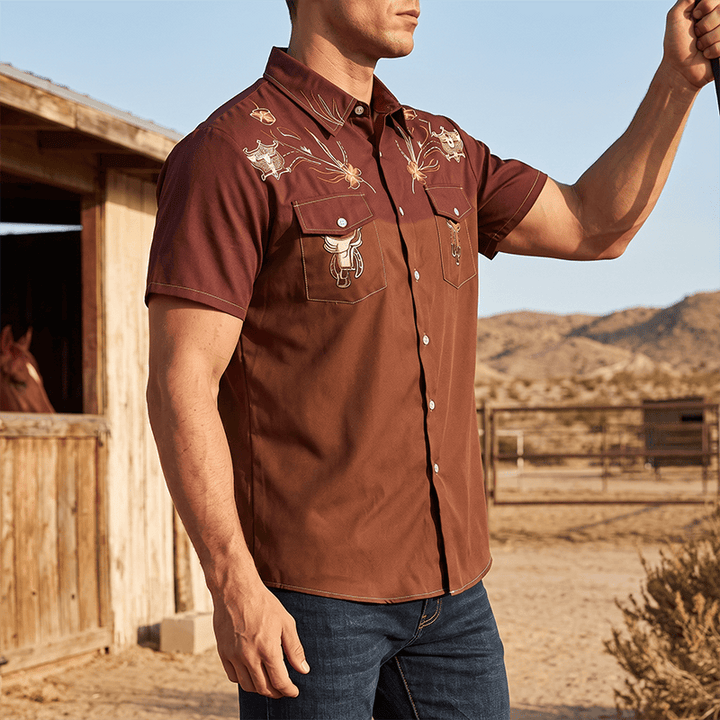 Zweifarbiges Streetwear-Western-Cowboy-Outfit-Hemd für Herren - Wein & Braun - 5XL - image 0