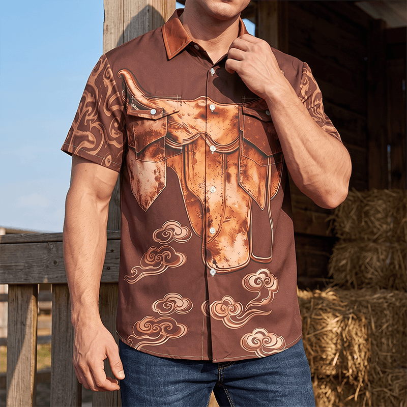 Herren-Westernhemd im Vintage-Stil mit Sattelprint und Used-Look, Streetwear-Look - Kaffee - 5XL - image 0