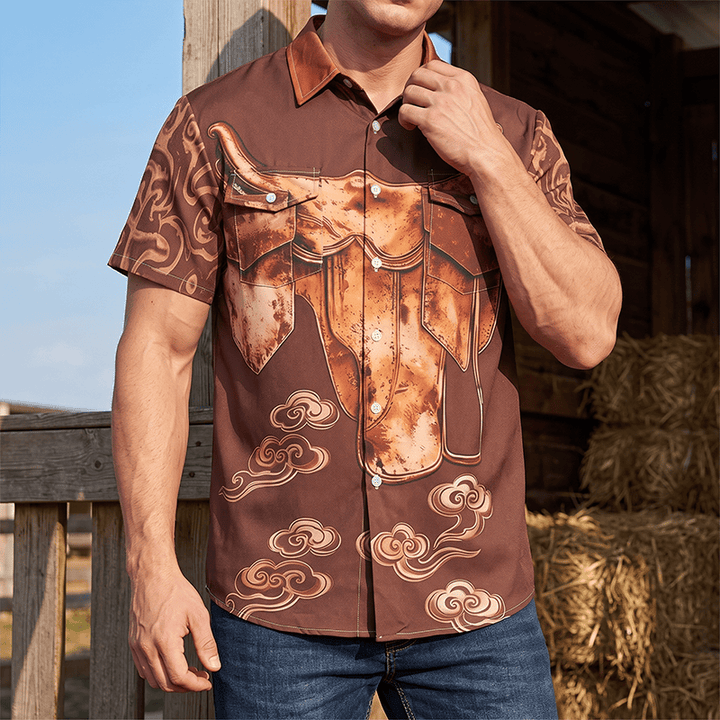 Herren-Westernhemd im Vintage-Stil mit Sattelprint und Used-Look, Streetwear-Look - Kaffee - 5XL - image 0