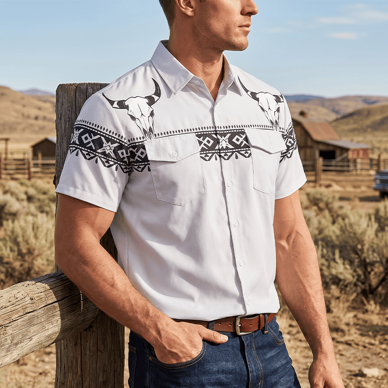 Streetwear-Hemd im Azteken-Western-Stil mit Stierschädel-Print - Hellgrau - 5XL - image 0