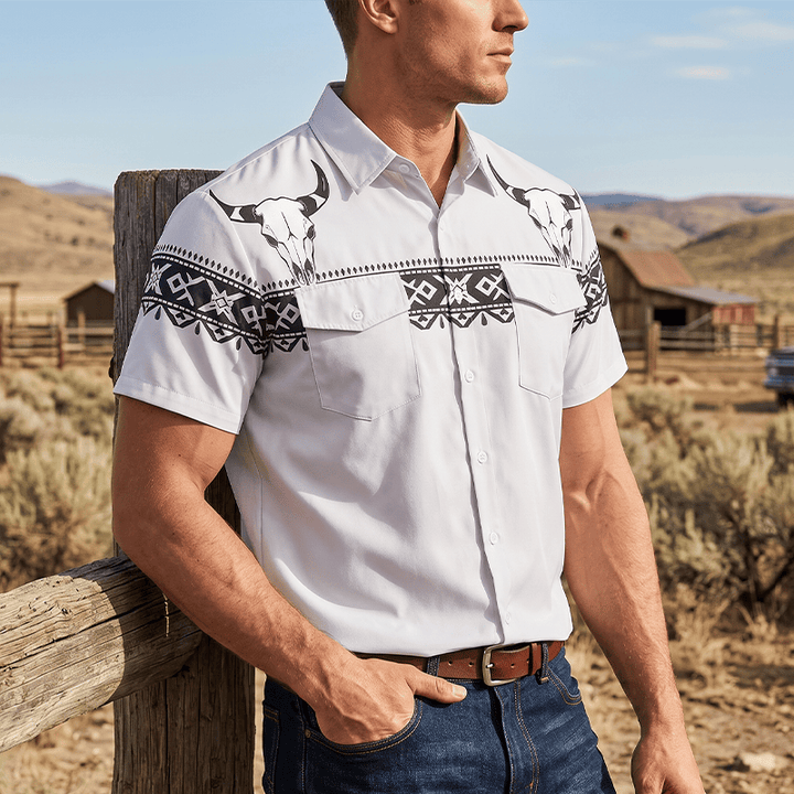 Streetwear-Hemd im Azteken-Western-Stil mit Stierschädel-Print - Hellgrau - 5XL - image 0
