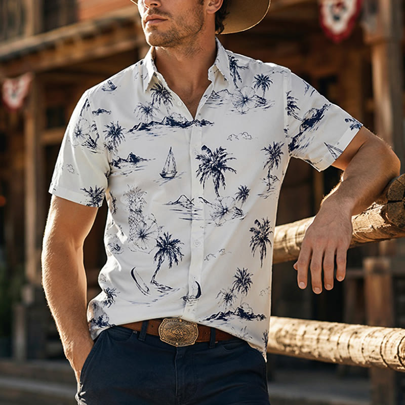 Kurzarmhemd mit tropischem Inselmuster für Herren – Sommerurlaub - Weiß - 5XL - image 0