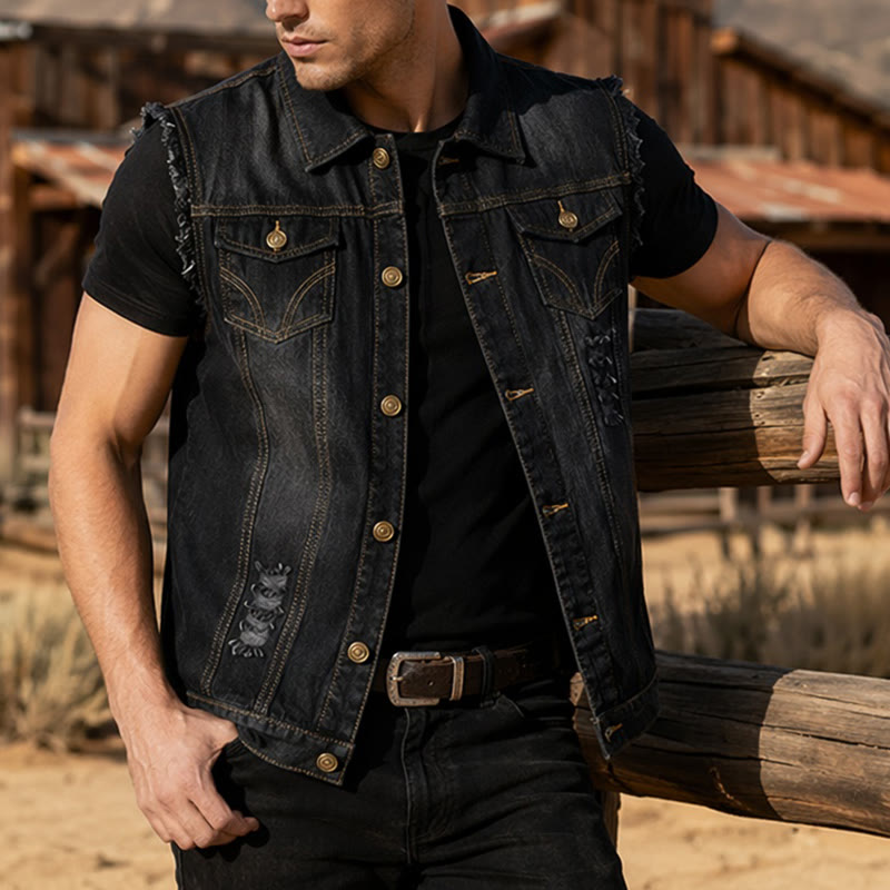 Vintage-Jeansweste mit ausgewaschenem, ausgefranstem Saum - Schwarz - 6XL - image 4