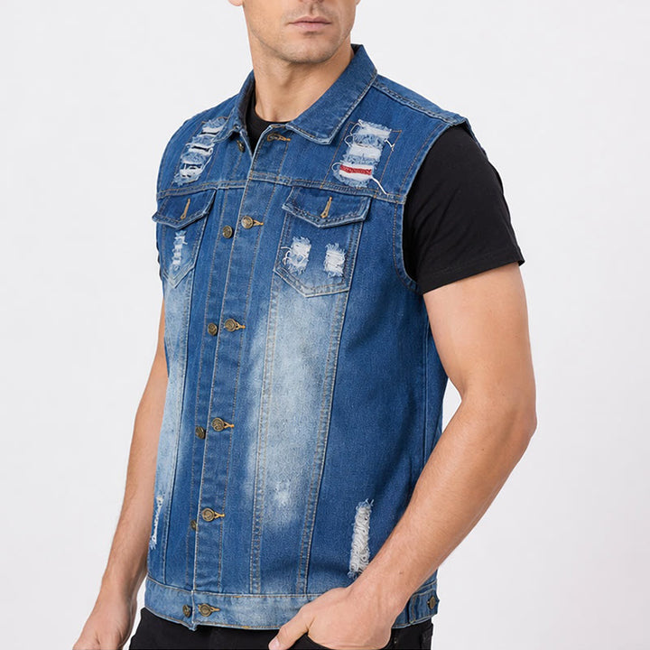 Destroyed-Jeansweste in Blau mit Patchwork-Muster - image 3