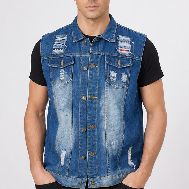 Destroyed-Jeansweste in Blau mit Patchwork-Muster - image 1