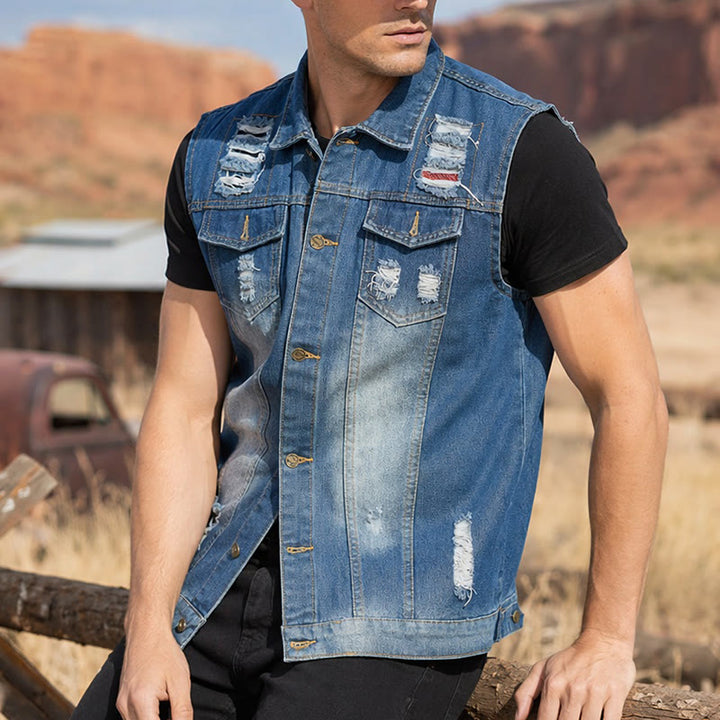 Destroyed-Jeansweste in Blau mit Patchwork-Muster - Blau - 6XL - image 0