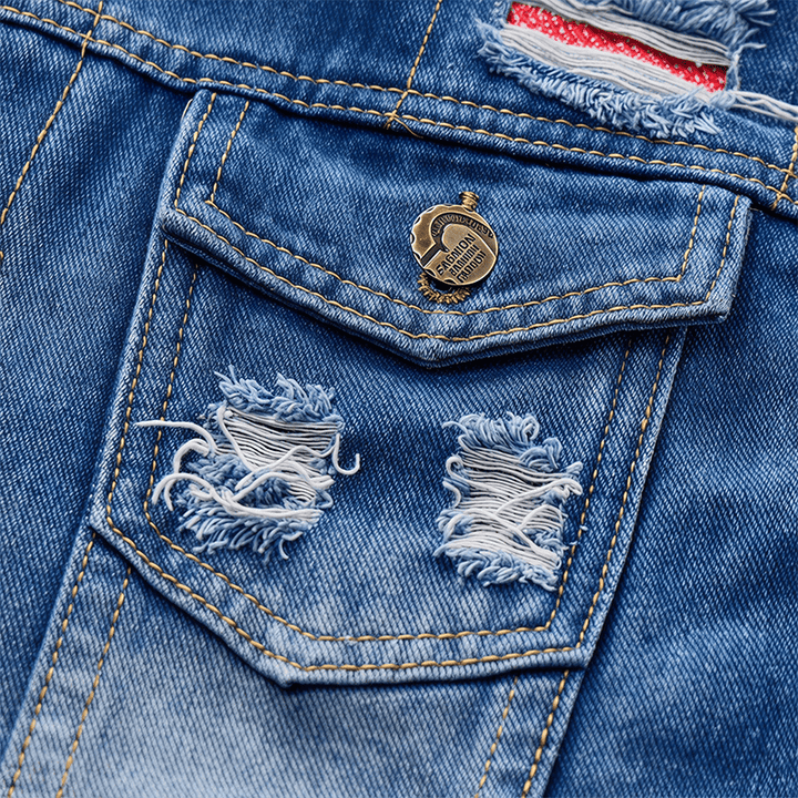 Destroyed-Jeansweste in Blau mit Patchwork-Muster - image 6