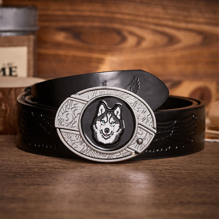 Ledergürtel mit versteckter Klappmesserschnalle und blauen Augen (Husky-Motiv) - Heiser - Schwarzer Gürtel mit Adlerprägung - 42 - image 2