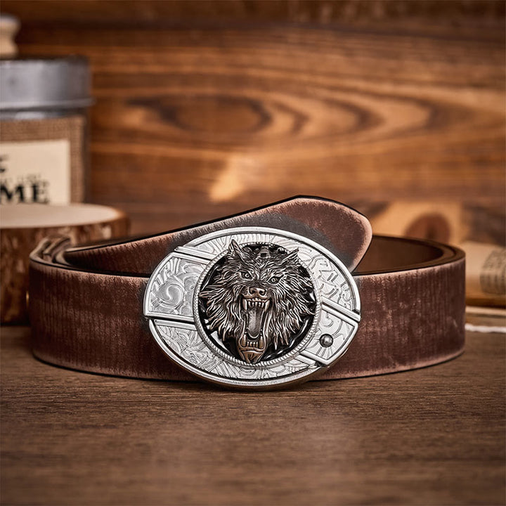 DIY-Gürtel mit versteckter Klappmesserschnalle aus Leder, verziert mit einem knurrenden Wolfskopf - Wolf - Brauner, abgenutzter Gürtel - 42 - image 5