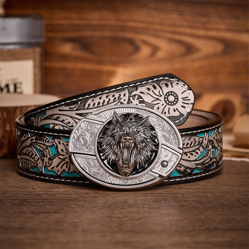 DIY-Gürtel mit versteckter Klappmesserschnalle aus Leder, verziert mit einem knurrenden Wolfskopf - Wolf - Grauer Gürtel mit Blumenmuster - 42 - image 8