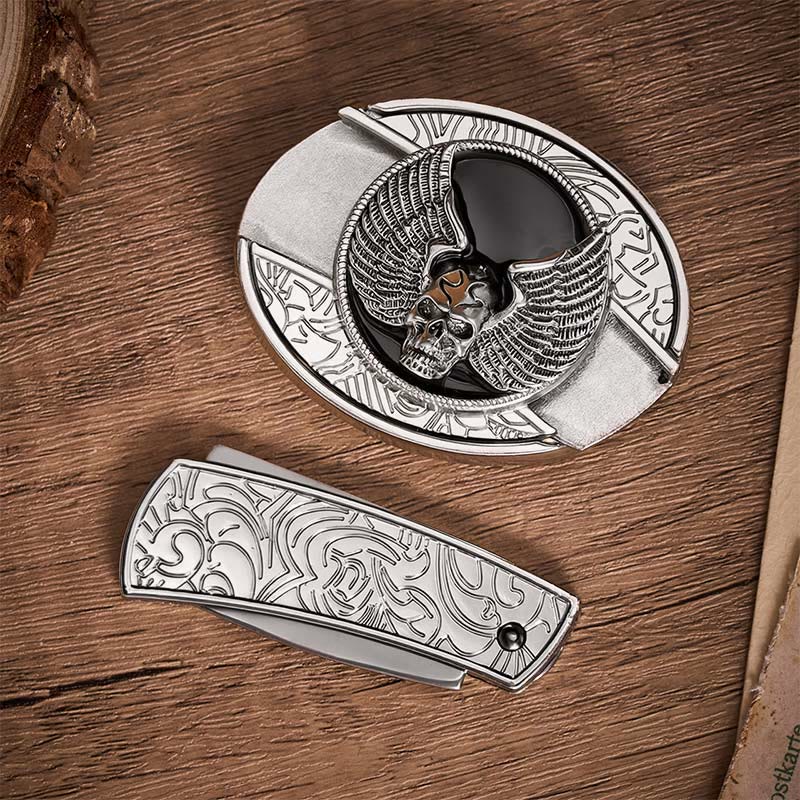 Biker-Gürtel mit geflügeltem Totenkopf, DIY-Verstecktes Klappmesser, Schnalle, Ledergürtel - image 9