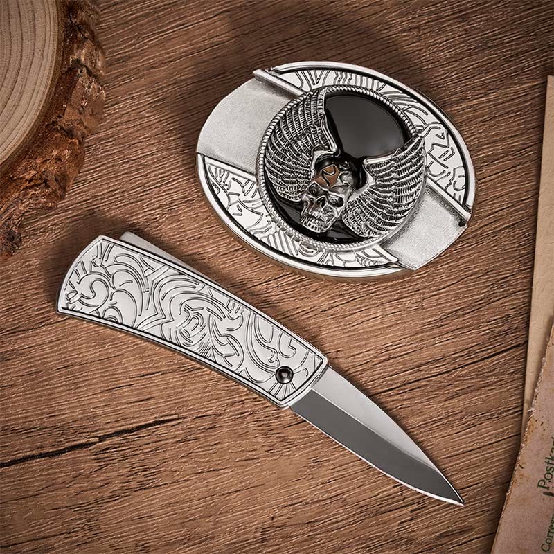 Biker-Gürtel mit geflügeltem Totenkopf, DIY-Verstecktes Klappmesser, Schnalle, Ledergürtel - image 1