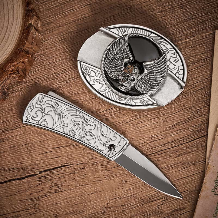 Biker-Gürtel mit geflügeltem Totenkopf, DIY-Verstecktes Klappmesser, Schnalle, Ledergürtel - image 1