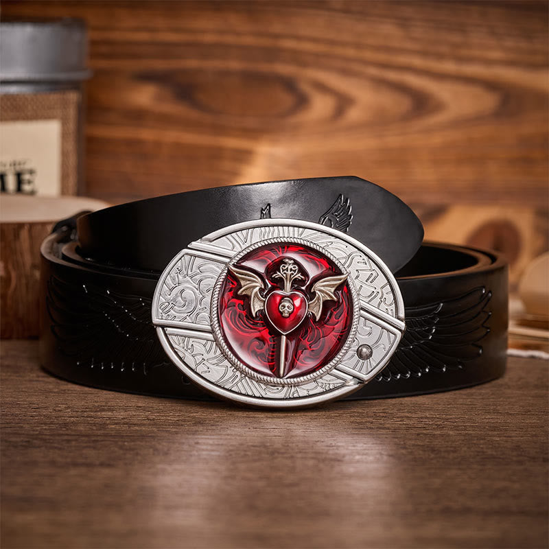 Wings & Dagger Red Heart DIY Gürtel mit versteckter Klappmesserschnalle aus Leder - Wings & Dagger - Schwarzer Gürtel mit Adlerprägung - 42 - image 2
